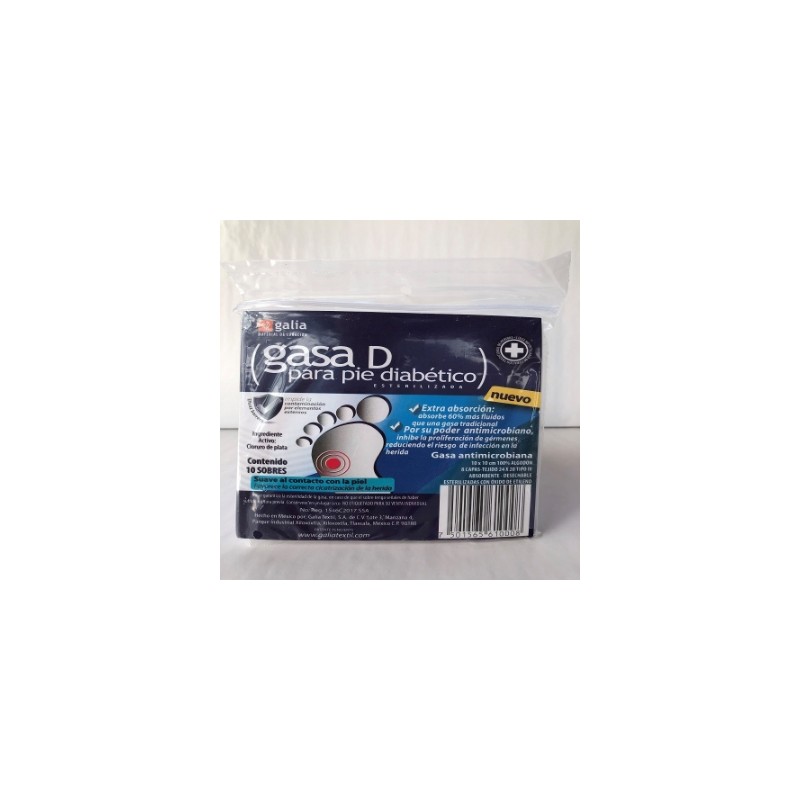 Gasa D para diabetico esterilizada 10cmX10cm Tipo IV 8 capas 24X20 Bolsa 10 pzas